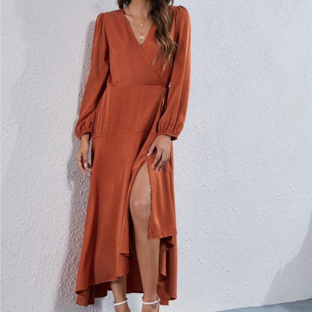 Burnt Orange Surpliced Long Sleeve Wrap Dress Large